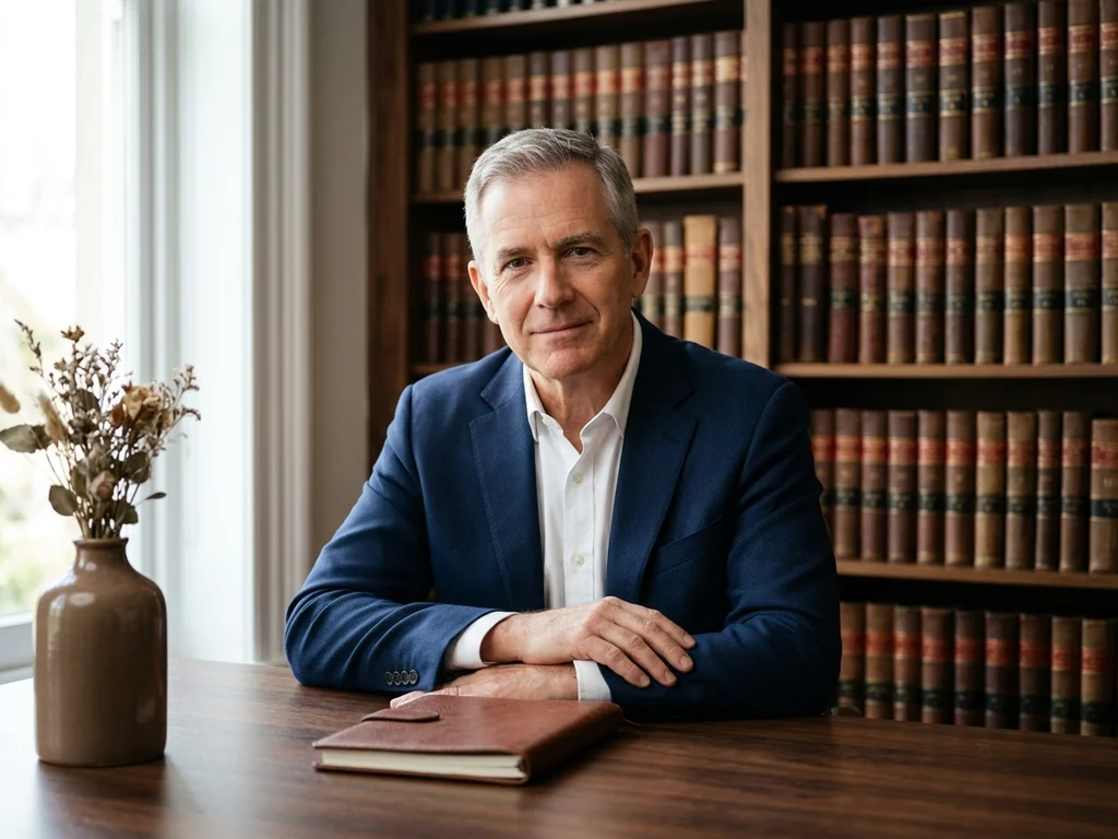 Bertrand Lemoine, expert en achat-vente, assis à son bureau entouré de volumes juridiques.