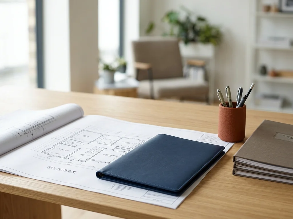 Plans d'architecte et dossiers immobiliers sur un bureau lumineux pour nous contacter.