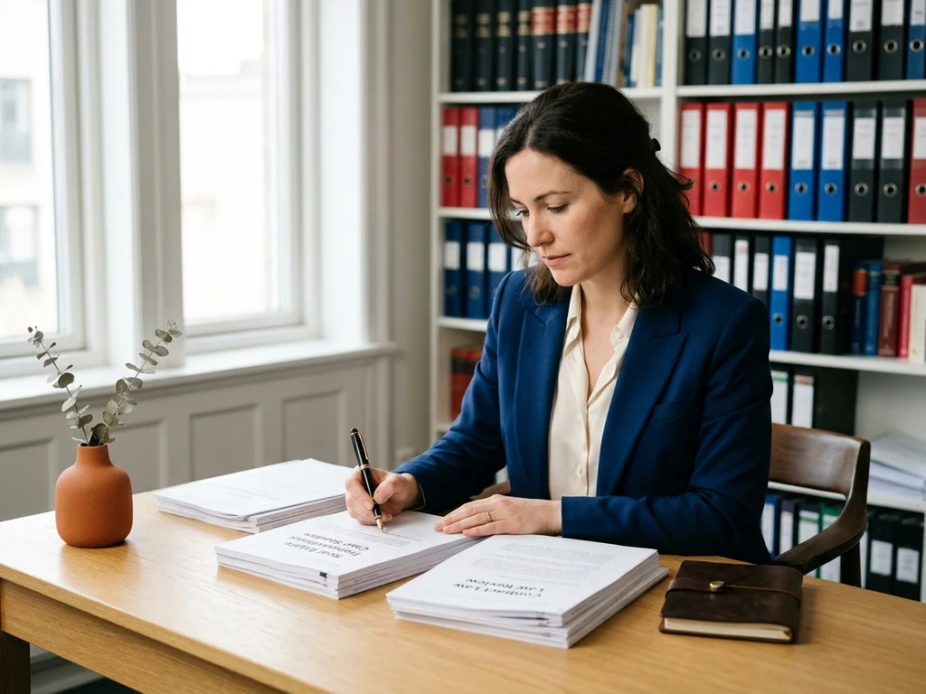 Camille Vasseur, rédactrice en chef, analyse des manuscrits immobiliers dans son bureau éditorial.
