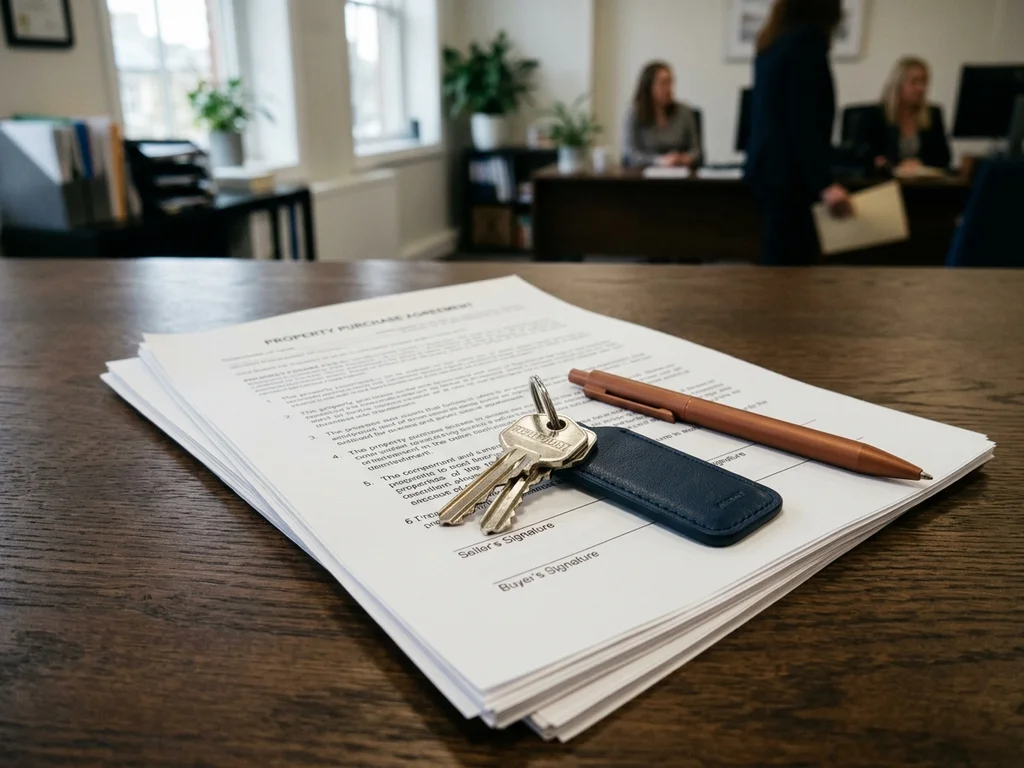 Documents contractuels et clés sur un bureau soulignant la conformité légale immobilière.