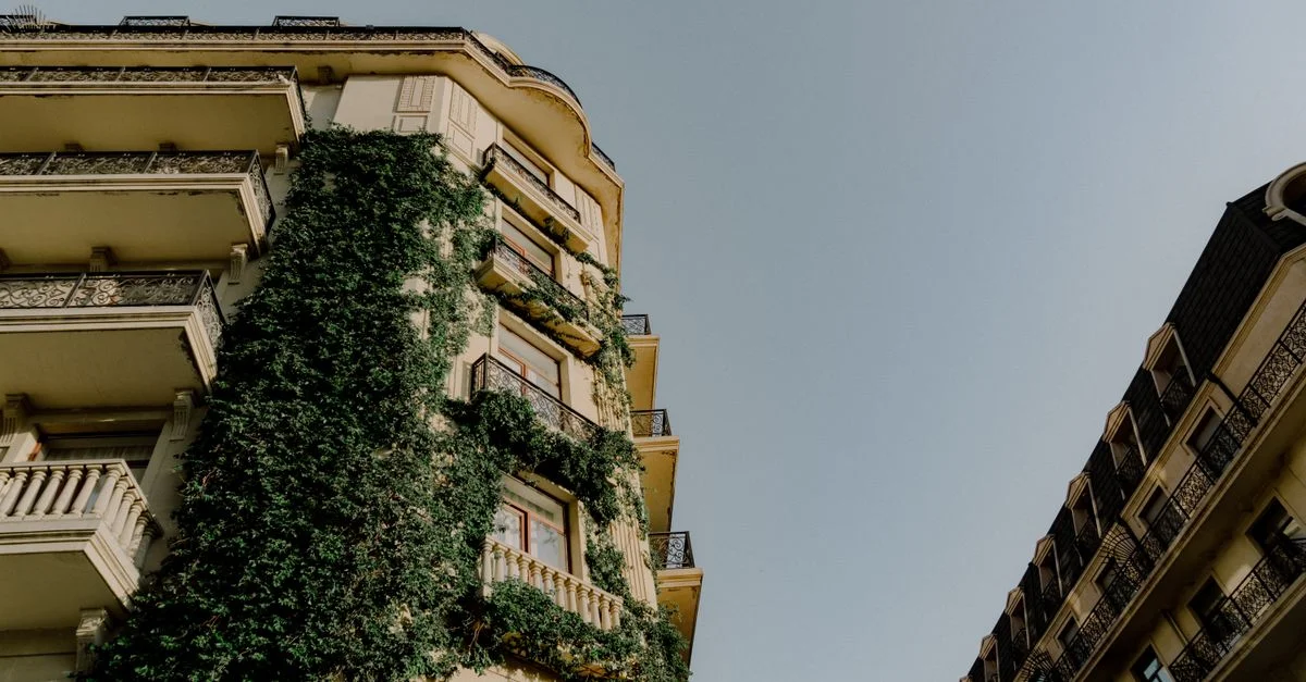 Une vue d'appartements modernes dans la Ville Blanche de Bakou avec une végétation luxuriante et un ciel bleu.