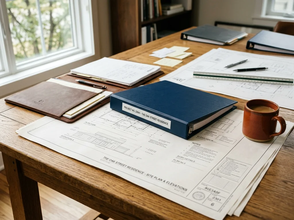 Plans architecturaux et dossiers de l'équipe sur un bureau en bois naturel.